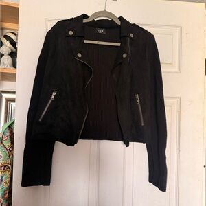 Vici Black Leather Jacket with Knit Sleeves